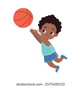 Boy Character Play Basketball Do Sport Vector Illustration