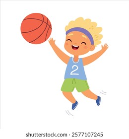 Boy Character Play Basketball Do Sport Vector Illustration