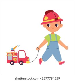 Boy Character Play Firefighter with Toy Engine Truck Vector Illustration