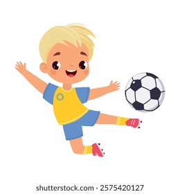 Boy Character Play Football Do Sport Vector Illustration