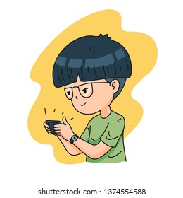Boy character play game on smartphone isolated cartoon vector illustration