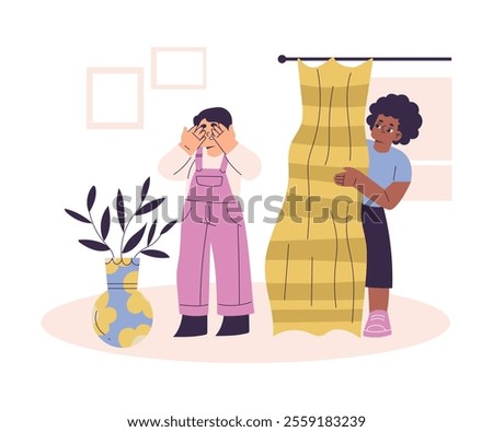 Boy Character Play Hide and Seek with His Friend Have Daily Routine Activity Vector Illustration