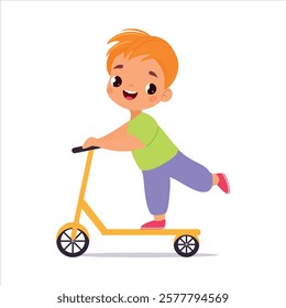 Boy Character Play Ride Scooter Kick the Ground Vector Illustration