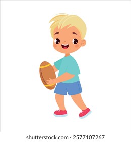 Boy Character Play Rugby Do Sport Vector Illustration