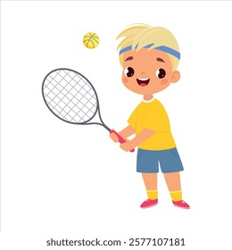 Boy Character Play Tennis Do Sport Vector Illustration