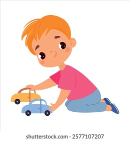 Boy Character Play Toy Car Sit on Floor Vector Illustration