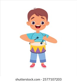 Boy Character Play Toy Drum with Stick Vector Illustration