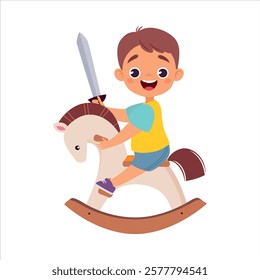 Boy Character Play Toy Ride Rocking Horse Vector Illustration