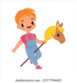 Boy Character Play Toy Ride Horse Stick Vector Illustration