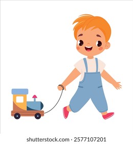 Boy Character Play Toy Train Pull with Rope Vector Illustration