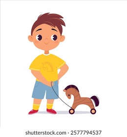 Boy Character Play Toy with Wooden Horse Vector Illustration