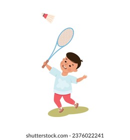 Boy Character Playing Badminton with Racquet Vector Illustration