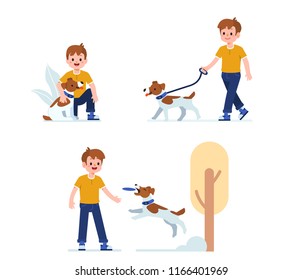 Boy character playing and walking with his dog. Flat style vector illustration isolated on white background.