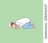 boy character posing in prostration while praying against a plain green background