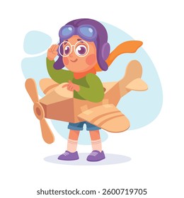Boy Character Pretend Flying with Crafted Plane Vector Illustration