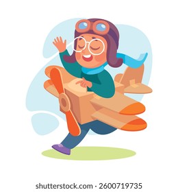 Boy Character Pretend Flying with Crafted Plane Vector Illustration