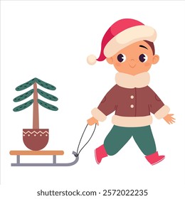 Boy Character Pull Sledge Celebrate Christmas Holiday at Winter Vector Illustration