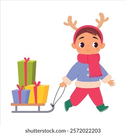 Boy Character Pull Sledge with Gift Box Celebrate Christmas Holiday at Winter Vector Illustration