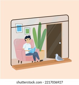 Boy character reading a book on a chair Hygge Scenario Vector