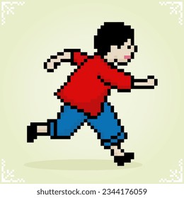 boy character is running in 8 bit pixel art. Human pixels in vector illustration for game assets or cross-stitch pattern.