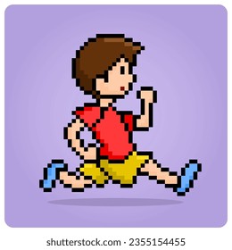 boy character running in 8 bit pixel art. Human pixels in vector illustration for game assets or cross stitch pattern.