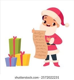 Boy Character in Santa Claus Costume Celebrate Christmas Holiday at Winter Vector Illustration