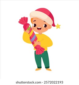 Boy Character in Santa Hat with Candy Celebrate Christmas Holiday at Winter Vector Illustration