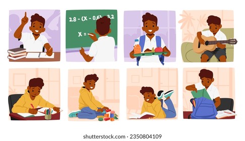 Boy Character School Day Routine. Student Putting Things into the Bag, Solve Task on Blackboard, Doing Homework, Reading, Eating Lunch, Playing Guitar and Toys . Cartoon People Vector Illustration