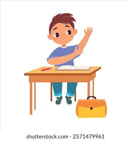 Boy Character at School at Desk Have Lesson Vector Illustration