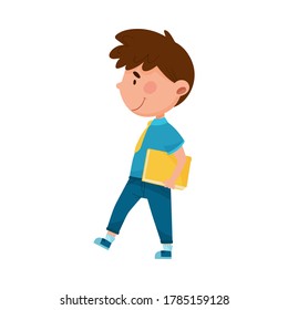 Boy Character in School Uniform Carrying Book and Walking to School Vector Illustration