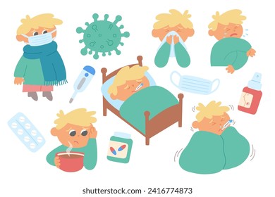 A boy character with sick symptoms, having cold, flu, allergy, fever, coughing, sneezing