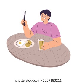 Boy Character Sit and Eat Breakfast Have Schedule and Daily Routine Activity Vector Illustration