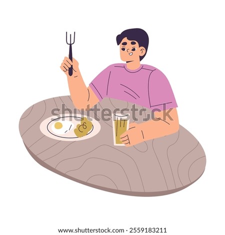 Boy Character Sit and Eat Breakfast Have Schedule and Daily Routine Activity Vector Illustration