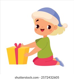Boy Character Sit with Gift Box Celebrate Christmas Holiday at Winter Vector Illustration