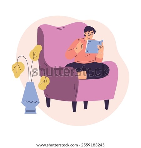 Boy Character Sitting in Armchair Reading Book Have Schedule and Daily Routine Activity Vector Illustration