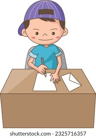 a boy character sitting at a desk writing a letter to someone