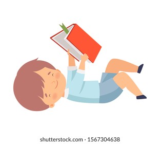 Boy Character Sitting on Floor and Learning How to Read