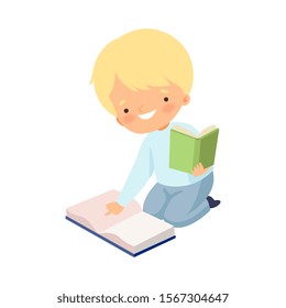 Boy Character Sitting on Floor and Learning How to Read