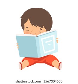 Boy Character Sitting on Floor and Learning How to Read