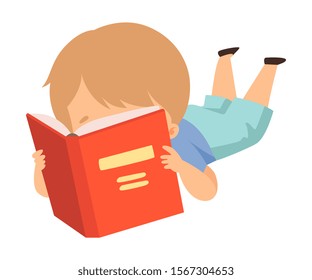 Boy Character Sitting on Floor and Learning How to Read