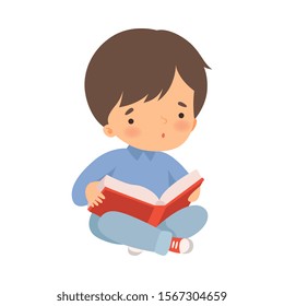 Boy Character Sitting on Floor and Learning How to Read