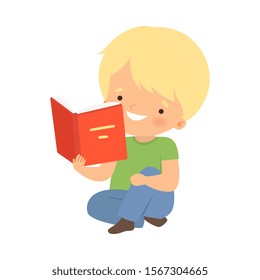 Boy Character Sitting on Floor and Learning How to Read