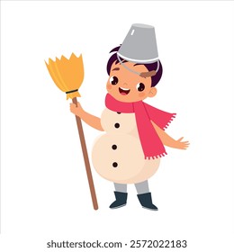 Boy Character in Snowman Costume with Broom Celebrate Christmas Holiday at Winter Vector Illustration