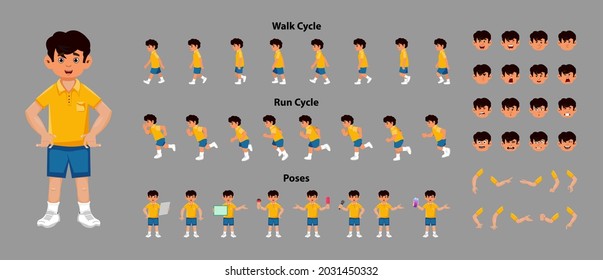 Boy character sprite sheet with walk cycle and run cycle animation sequence. Boy character with different poses 