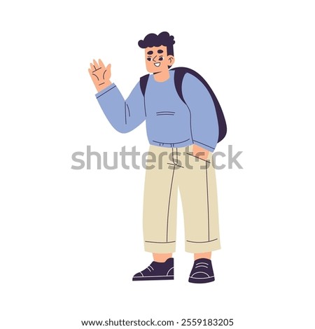 Boy Character Stand with Backpack Waving Hands Have Schedule and Daily Routine Activity Vector Illustration