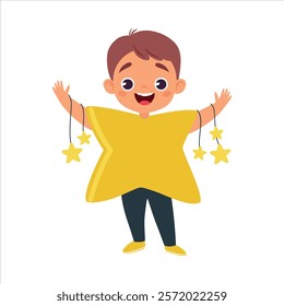 Boy Character in Star Costume Celebrate Christmas Holiday at Winter Vector Illustration