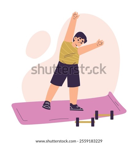 Boy Character Stretch Body Do Physical Exercise Have Schedule and Daily Routine Activity Vector Illustration