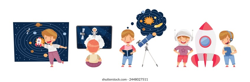 Boy Character Study Space and Galaxy Examine Solar System Vector Set