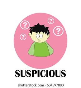 a boy character suspicious feeling on a white background