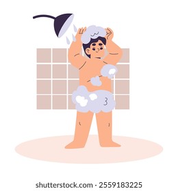 Boy Character Take Shower Have Schedule and Daily Routine Activity Vector Illustration